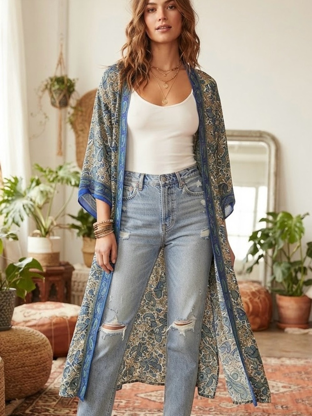 Jamuna Blue Paisley 100% Silk Long Kimono Duster Cardigan Cover-Up Boho Flowy